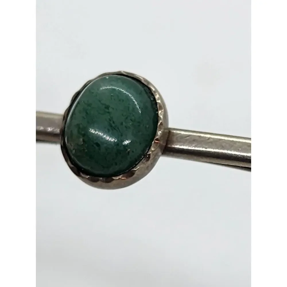 Antique Long Bar Brooch Pin Sterling Silver Jade Cabochon Tie Suite Collar Hat